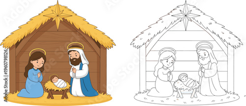  Cute cartoon nativity scene with Mary Joseph and baby Jesus including black and white coloring page version isolated white background,