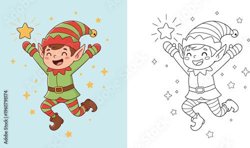  Cute cartoon Christmas elf jumping with a star including a black and white coloring page version isolated on white background,
