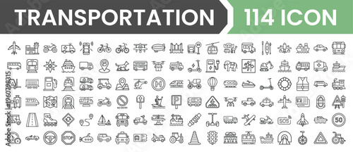 Transportation icons collection featuring various vehicles and transportation modes