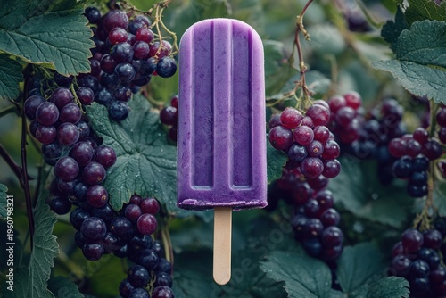 Purple popsicle on dark grape background. Berry ice cream on a dark purple background