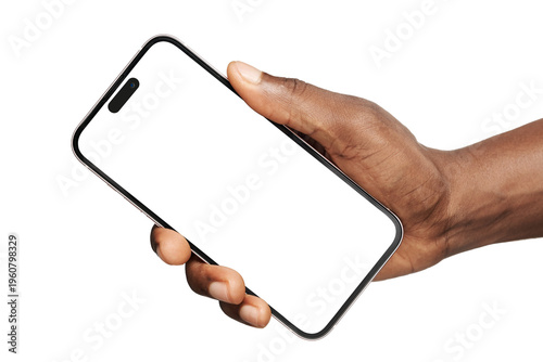 Black male hand holding smartphone with blank screen on white