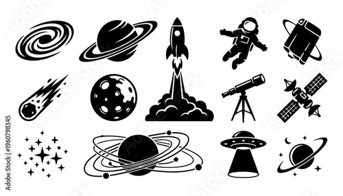 Galaxy Silhouette Icons Set – Planets, Rocket Launch, Astronaut, UFO and Space Exploration Collection