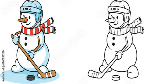  Cute cartoon snowman playing ice hockey with helmet and stick including black and white coloring page version isolated on white,