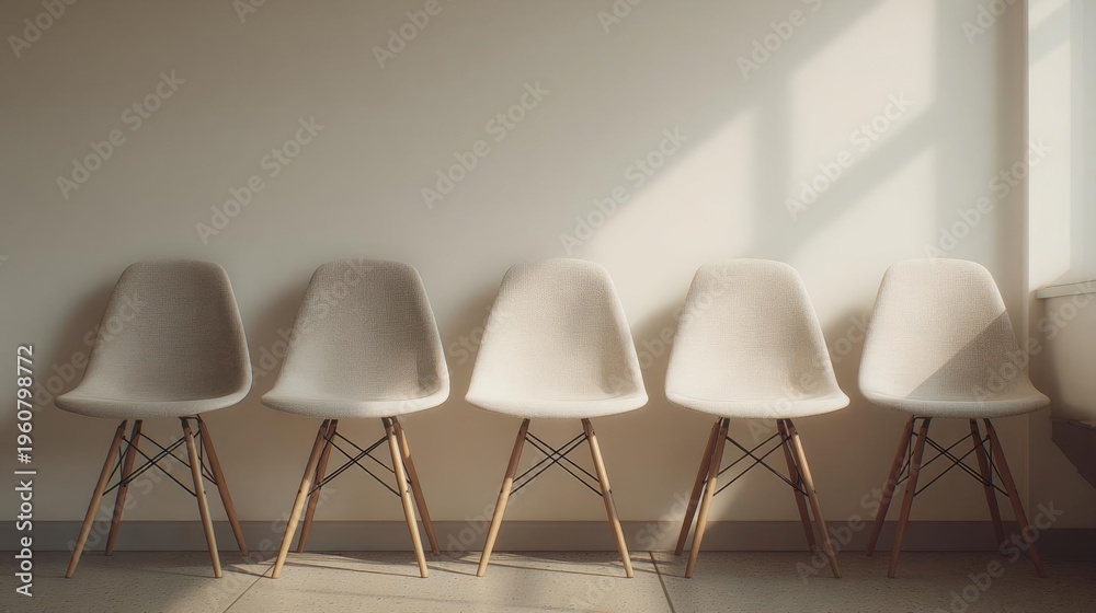 Obraz premium Row of five white chairs arranged in a row against a plain white wall. the chairs have a modern design with a curved backrest and wooden legs.