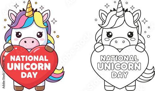  Cute, unicorn, holding, big, red, heart, National, Unicorn, Day, coloring, page, for, kids, character, black, white, outline, vector, illustration, children.