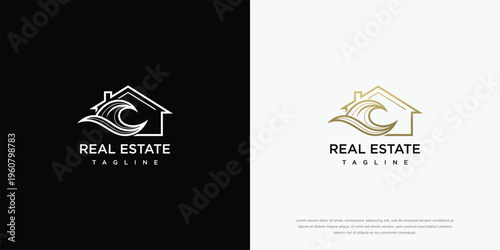 Coastal Real Estate Logo Design with Minimalist House and Ocean Wave Icon