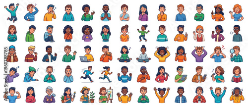 Diverse group of people in various poses and emotions.