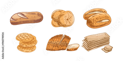 Hand drawn vintage bakery bread set with baguette loaf buns crackers and sliced bread illustration