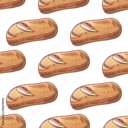 Hand drawn vintage seamless pattern with baguette bread loaf repeating bakery background illustration
