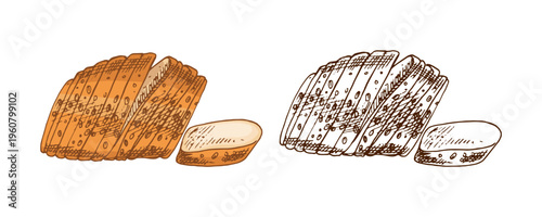 Hand drawn vintage sketch of sliced bread loaf with cut pieces in color and monochrome bakery illustration