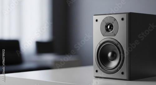 Modern black speaker on a white table in a minimalist living room