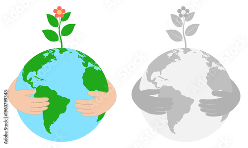 Earth Day illustration set of hands hugging the globe with a bright growing plant, shown in color and grayscale.