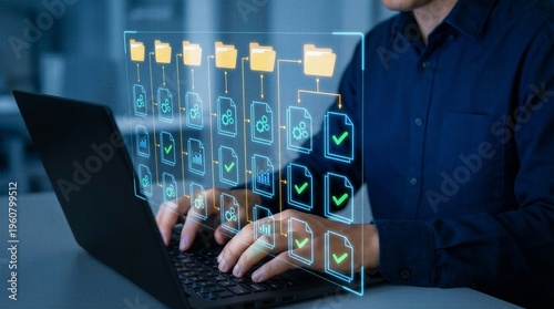 Professional typing on laptop with glowing virtual filing system hologram showing approved document workflows and automated data management infrastructure.