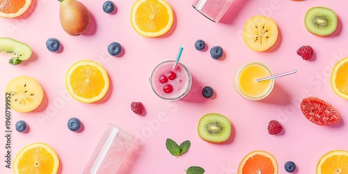 Colorful fruit slices and drinks creatively arranged on a bright pink background.