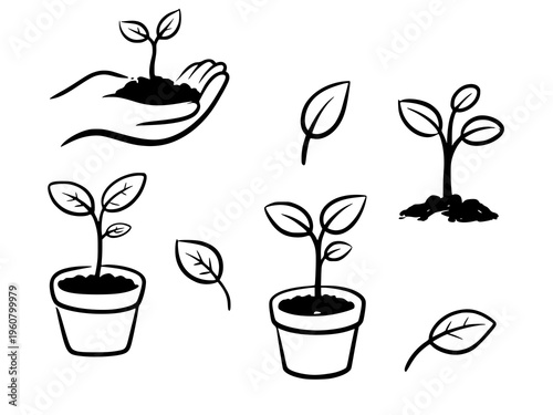 Hand Drawn Plant Growth Set. Seedling, Sprout, Leaf and Gardening Line Art Collection.