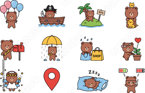 Collection of cute brown bear character illustrations showing various emotions and daily activities, isolated on a white background for sticker design