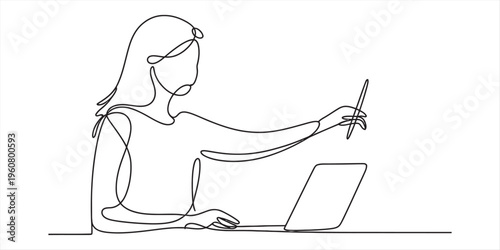 woman using laptop and stylus in continuous line drawing