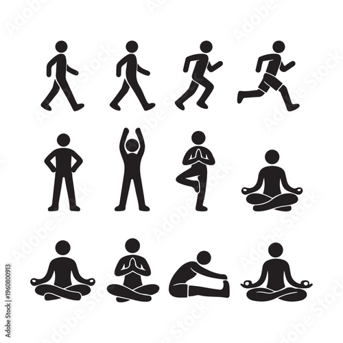 Black Stick Figure Movement Set – Walking, Running, Yoga and Meditation Poses