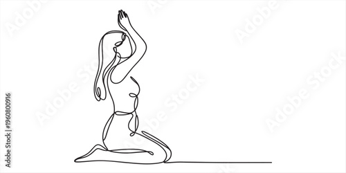 yoga woman kneeling with arms raised in continuous line art