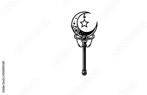 Retro 90s Magical Girl Moon Scepter Silhouette, Vaporwave Anime Nostalgia Vector Sticker, Classic Shojo Manga Icon Illustration
