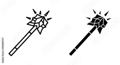 Magic wand icon set, vector illustration of a crystal scepter, wizard staff with geometric gem head