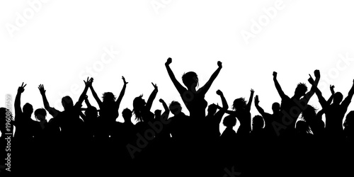 Tableau sur toile Silhouette of cheering crowd with raised arms and hands isolated transparent bac