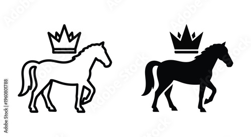 Set of horse icons with crowns, elegant stallion silhouettes, vector illustration