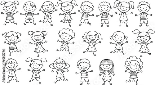 Group of happy smiling children in doodle style, set of diverse boys and girls character illustrations with simple outlines for school or design.