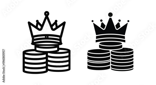 Crown on top of a stack of coins icon, king of finance, wealth and success symbol, vector illustration