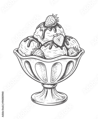 Hand drawn of ice cream sundae with strawberries and chocolate sauce strawberry