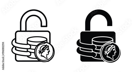 Open padlock with a stack of coins and a roman coin icon, financial security and data protection concept