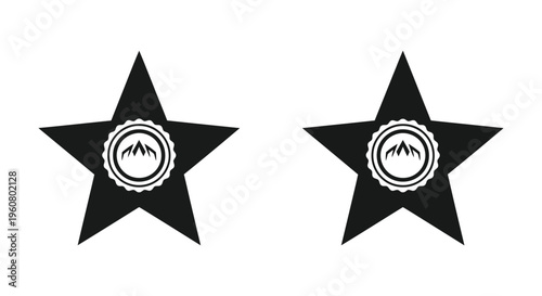 Two black stars with mountain icon inside circular badge