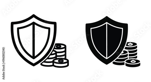 Shield with coins icon set, financial security and protection concept, vector illustration