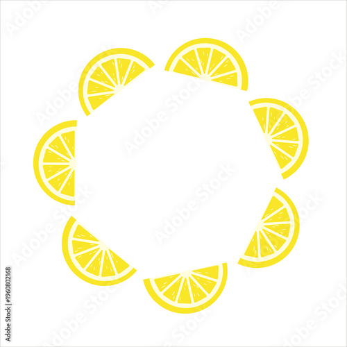 Bright vector lemon slice wreath border on white background. Citrus, fresh, summer, kitchen, food-themed illustration