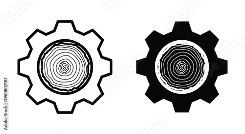 Gear icon with wood texture inside, representing industrial woodworking and sustainable manufacturing concepts