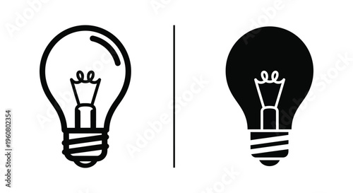 Set of two light bulb icons, outline and solid style, simple vector illustration of electric light bulbs