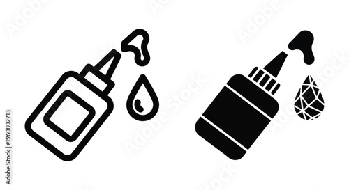 Set of glue bottle icons, adhesive liquid container with drop, craft and repair tool, vector illustration