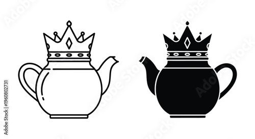 Set of royal teapots with crowns, line art and silhouette icons