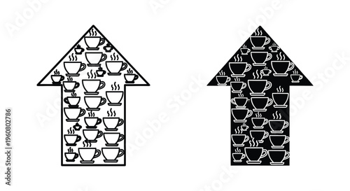 Two arrows pointing up filled with coffee cup icons, coffee shop or cafe concept, vector illustration