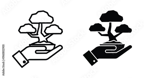 Hand holding a bonsai tree icon, vector illustration of a small potted plant held in a palm, flat design