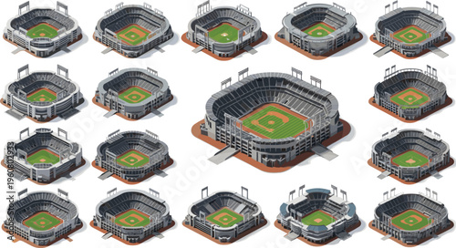 Isometric baseball stadium illustration set featuring modern outdoor sports arena designs with diamond fields and spectator seating for sports gaming and venue management.