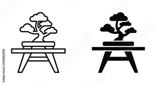Bonsai tree on a wooden table icon set, minimalist vector illustration of a small potted plant on a stand