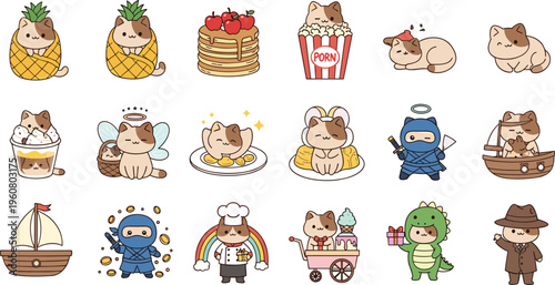 Set of adorable cat character illustrations in various costumes and funny situations, isolated on a clean white background for sticker design projects.