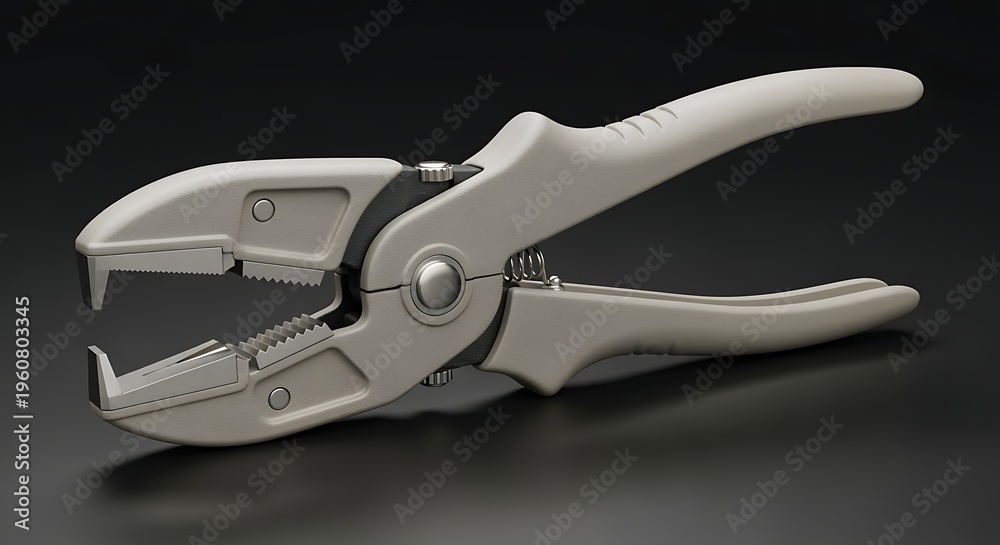 Fototapeta premium Gray plastic handled wire cable stripping tool with serrated jaws and spring loaded mechanism for gripping and cutting wires easily