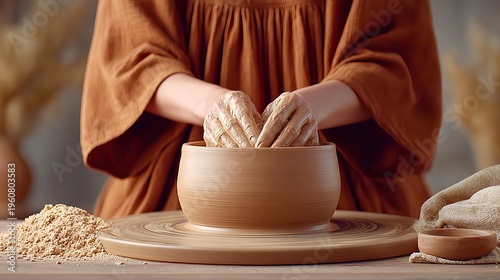 A close-up of a potter's hands molding a clay bowl on a spinning wheel, wearing a rustic orange linen tunic in a warm, workshop environment.