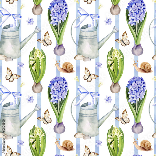 blue and green hyacinth, vintage metal water can, flying butterfly, blue striped, hand drawn seamless pattern, watercolor spring flower, cute snail, Easter illustration for party, kitchen decoration