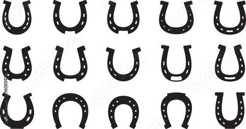Diverse collection of stylized black horseshoe silhouettes, representing good fortune, luck, and horse-related themes, suitable for a variety of creative projects
