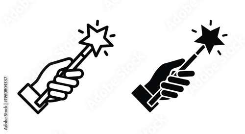 Hand holding a magic wand icon set, vector illustration of a wizard wand with a star tip