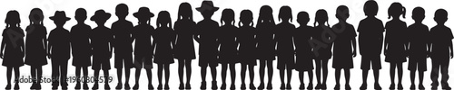 Silhouette illustration depicting a diverse group of children standing together, symbolizing childhood innocence, unity, and the bright promise of future generations in a thriving community
