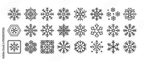 Collection of 20 unique black snowflakes on a white background